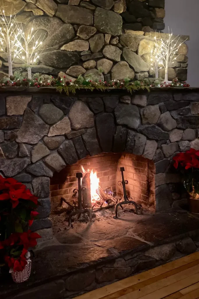 The dining room's fireplace.
